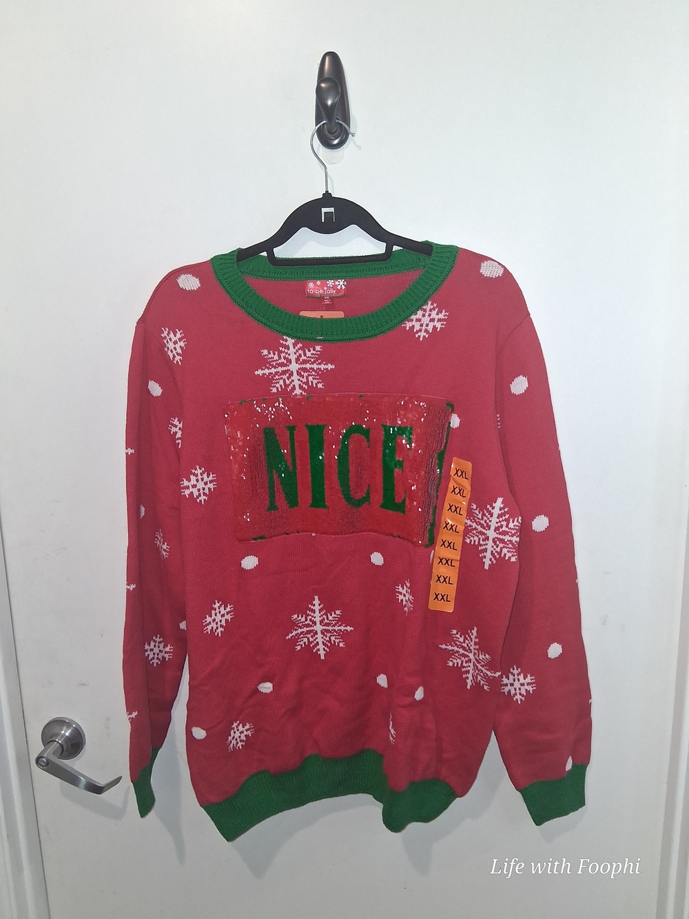 Women's Red 'NICE/NAUGHTY' Holiday Crewneck Sweater with Green Trim